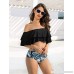 Misassy Womens Off Shoulder Ruffled Flounce 2 Piece Bikini Swimsuit High Waisted Print Cut Out Bathing Suit Black B07MJKPGWR